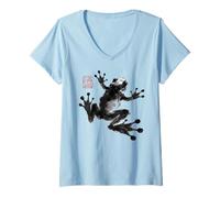 Mujer Frog Japanese Ink Wash Traditional Asian Art Camiseta Cuello V