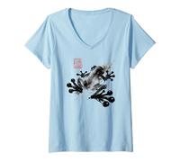 Mujer Frog Japanese Ink Wash Traditional Asian Art Camiseta Cuello V