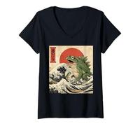 Mujer Frogzilla Funny Frog Japonés Gran Ola Rana Sapo Meme Camiseta Cuello V