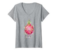 Mujer Fruta del dragón con corazón gráfico símbolo de corazón Acuarela Camiseta Cuello V