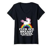 Mujer Fuck Off Cáncer de Mama Cita Divertida con Unicornio y Arco Iris Camiseta Cuello V