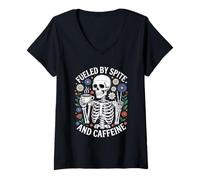 Mujer Fueled by Cafeine Cottagecore Skeleton Halloween Coffee Camiseta Cuello V