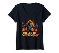 Mujer Fueled by Caffeine Rage Angry Bigfoot Taza Lover Apparel Camiseta Cuello V