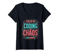 Mujer Fueled by Coding and Chaos Developer Humor Camiseta Cuello V