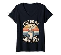 Mujer Fueled by Coffee and Bird Calls Humor observación Aves Camiseta Cuello V
