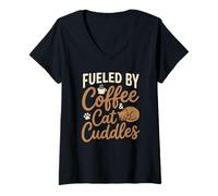 Mujer Fueled by Coffee and Cat Cuddles Cute Pet Lover Drink Humor Camiseta Cuello V