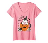 Mujer Fueled by Coffee Spooky Stories - Taza de Calabaza Fantasma para Halloween Camiseta Cuello V