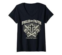 Mujer Fueled by Faith mecánico Cristiano Cruz Taller Camiseta Cuello V
