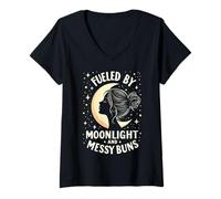 Mujer Fueled by Moonlight and Messy Buns Aesthetic Camiseta Cuello V