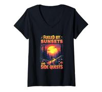 Mujer Fueled by Sunsets and Side Quests Nature Gamer Camiseta Cuello V