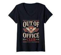 Mujer Fuera De Oficina Club Patriótico Águila USA Retro Humor Camiseta Cuello V