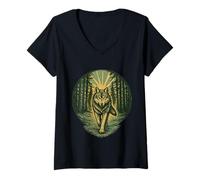 Mujer Fuerte Lobo Bosque Camino Vintage Xilografía Al Aire Libre Naturaleza Camiseta Cuello V