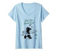 Mujer Fuji San Beach Club Panda Surfer Japón Camiseta Cuello V