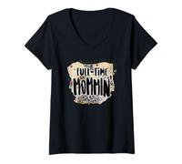 Mujer Full Time Mommin Colorful Retro Mom Quote Camiseta Cuello V