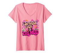 Mujer Fun I Sparkle Even IN MUD Run Trail Mudder Buddies Rosa Camiseta Cuello V