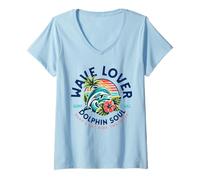 Mujer Fun Ride Olas Surfista Océano Delfín Amor Hawaiano Surf Lover Camiseta Cuello V