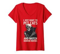 Mujer Fun Skeleton I Just Want To Pet Cats and Watch Horror Movies Camiseta Cuello V