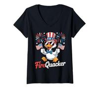 Mujer Funny 4th of July Firequacker Duck Fourth of July Patriotic Camiseta Cuello V