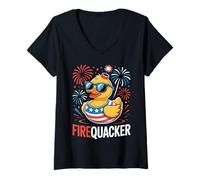 Mujer Funny 4th of July Firequacker Duck Fourth of July Patriotic Camiseta Cuello V
