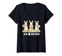 Mujer Funny 67 Six Seven Meme Bunny Día de Pascua Retro Cozy Rabbit Camiseta Cuello V
