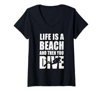 Mujer Funny 80's Scuba Diver - Lifes Is A Beach & Then You Dive Camiseta Cuello V