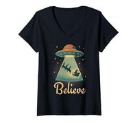 Mujer Funny Alien Christmas Believe UFO Santa Abduction Men Women Camiseta Cuello V
