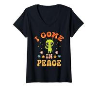Mujer Funny Alien I Come in Peace Lover Couple Matching Groovy Camiseta Cuello V
