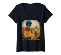Mujer Funny Alien Pizza Delivery Labrador Puerta Cámara Halloween Camiseta Cuello V