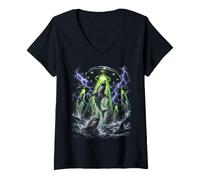 Mujer Funny Alien Shark Abduction UFO Great White Graphic Camiseta Cuello V