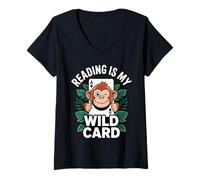 Mujer Funny Ape reading Is My Wildcard lover Book Reader Kid Camiseta Cuello V