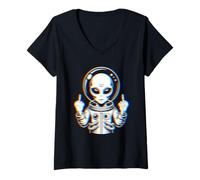 Mujer Funny Astronaut Alien Flipping Middle Finger Camiseta Cuello V