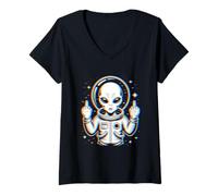 Mujer Funny Astronaut Alien Flipping Middle Finger Camiseta Cuello V