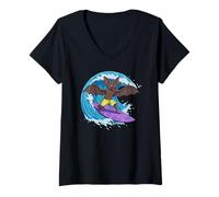 Mujer Funny Bat está surfeando una ola del océano 1 - Fan Fun Camiseta Cuello V