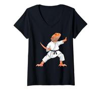 Mujer Funny Bearded Dragons Doing Karate Samurai Ninja Lizard Camiseta Cuello V