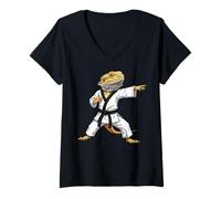 Mujer Funny Bearded Dragons Doing Karate Samurai Ninja Lizard Camiseta Cuello V