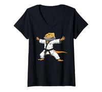 Mujer Funny Bearded Dragons Doing Karate Samurai Ninja Lizard Camiseta Cuello V