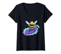 Mujer Funny Bee está surfeando una ola del océano 1 - Fan Fun Camiseta Cuello V