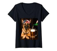 Mujer Funny Belgian Malinois Drinking Beer Meme 4th of July USA Camiseta Cuello V