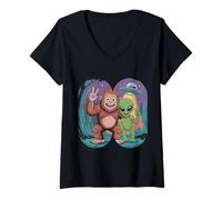 Mujer Funny Bigfoot Alien Sasquatch Rock on Hand Sign Ovnife Camiseta Cuello V