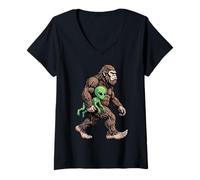Mujer Funny Bigfoot Llevando Alien Sasquatch UFO Cryptid Camiseta Cuello V