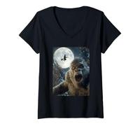 Mujer Funny Bigfoot Selfie Luna Llena Bosque de Brujas Volador Halloween Camiseta Cuello V