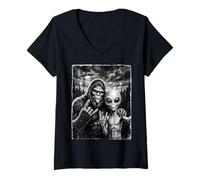 Mujer Funny Bigfoot Selfie Rock En UFO Sasquatch Camiseta Cuello V