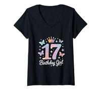 Mujer Funny Birthday Girl 17 Diciendo Sparkle Crown Magic Camiseta Cuello V