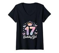 Mujer Funny Birthday Girl 17 Diciendo Sparkle Crown Magic Camiseta Cuello V