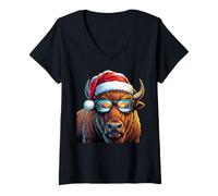 Mujer Funny Bison Buffalo with Sunglasses Santa Hat Snow Christmas Camiseta Cuello V