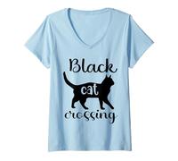 Mujer Funny Black Cat Crossing Humorístico Broma Gráfico Gato Negro Camiseta Cuello V