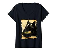 Mujer Funny Black Fat Cat Eating Ramen Japanese Kawaii Anime Camiseta Cuello V