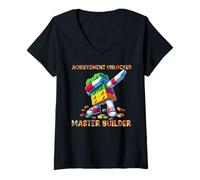 Mujer Funny Blocks Bricks Toy Achievement Unlocked Master Builder Camiseta Cuello V