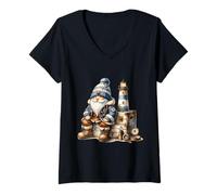 Mujer Funny Boat Captain GNOME On Vintage Suitcase and Lighthouse Camiseta Cuello V