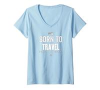Mujer Funny Born to Travel Forced to Work Vacation Lover Travel Camiseta Cuello V, Azul Bebé, XXL